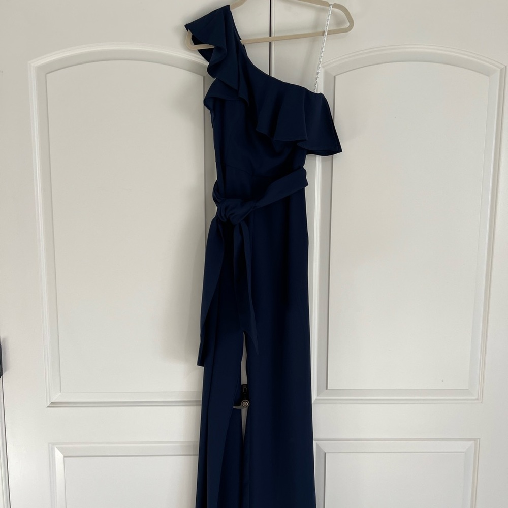 Lilly Pulitzer Navy Blue Lyra One Shoulder Ruffle Jumpsuit size 4 - Picture 2 of 7